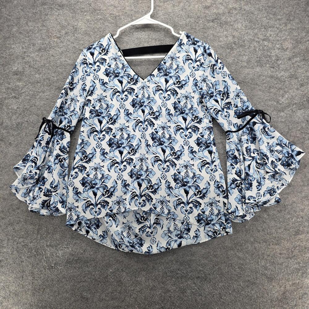 White House Black Market Shirt Womens 4 Blue White Floral Bell Sleeve V Neck